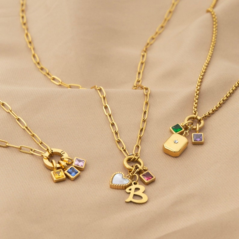 Custom Birthstone Initial Necklace in Gold