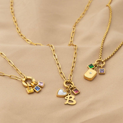 Custom Birthstone Initial Necklace in Gold Plated