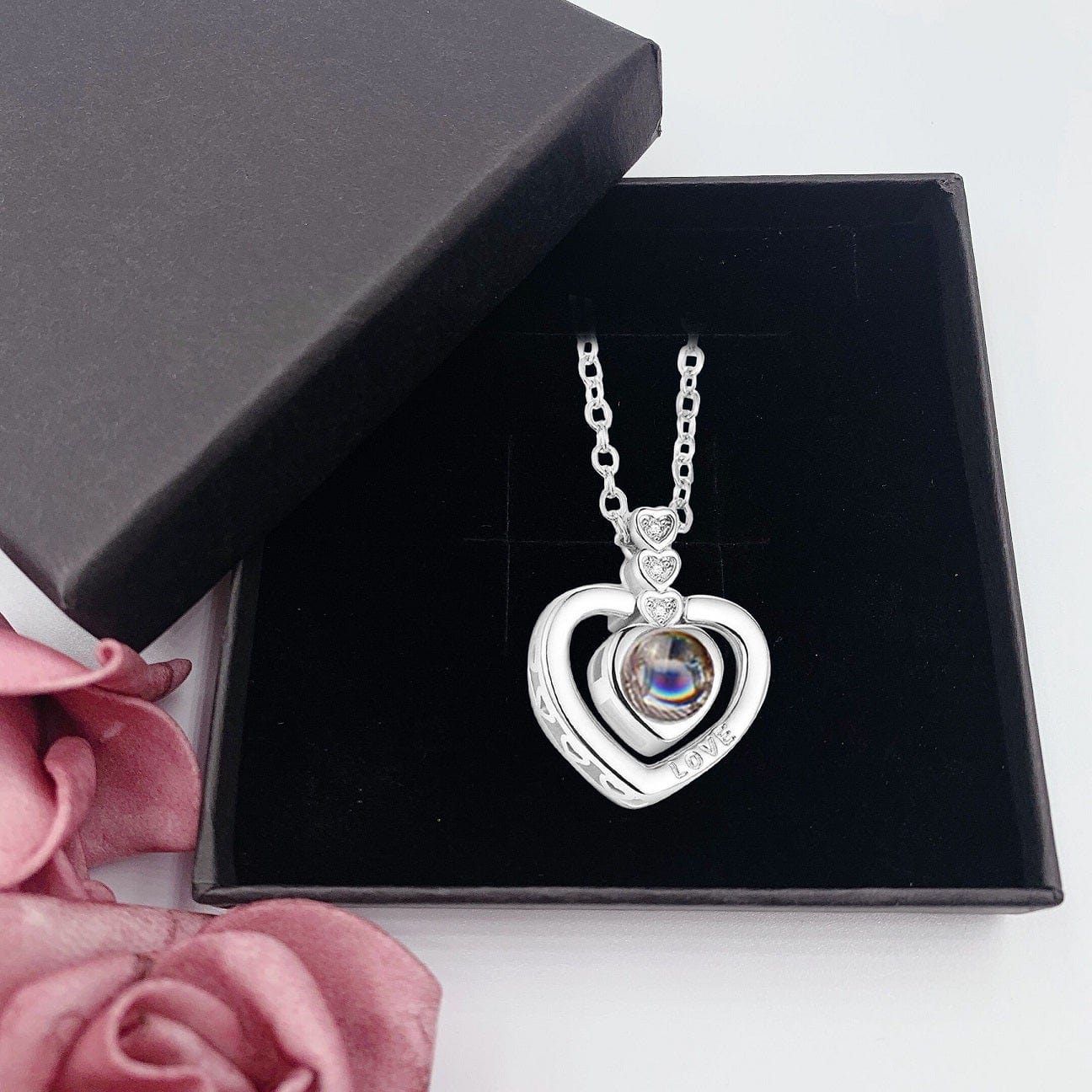 Custom Triple Hearts Photo Necklace